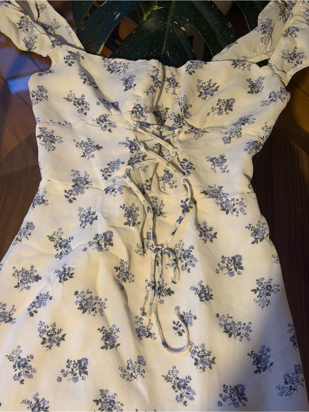 Reformation Cream Mini Dress with Blue Floral Print - Picture 3 of 4